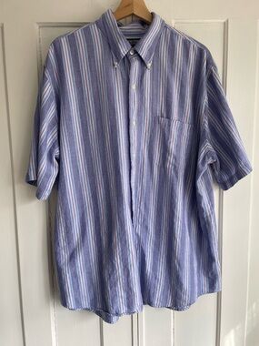 Lands' End Shirt Men's Short Sleeve  17.5 Lavender Striped Cotton Button Down XL